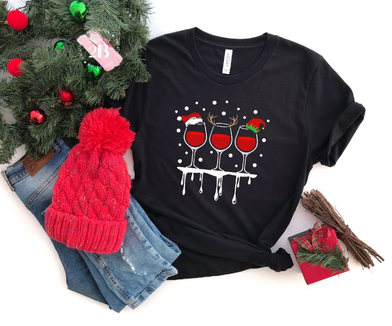 Christmas Wine Lover Shirt, Glasses Of Wine In Christmas Costumes