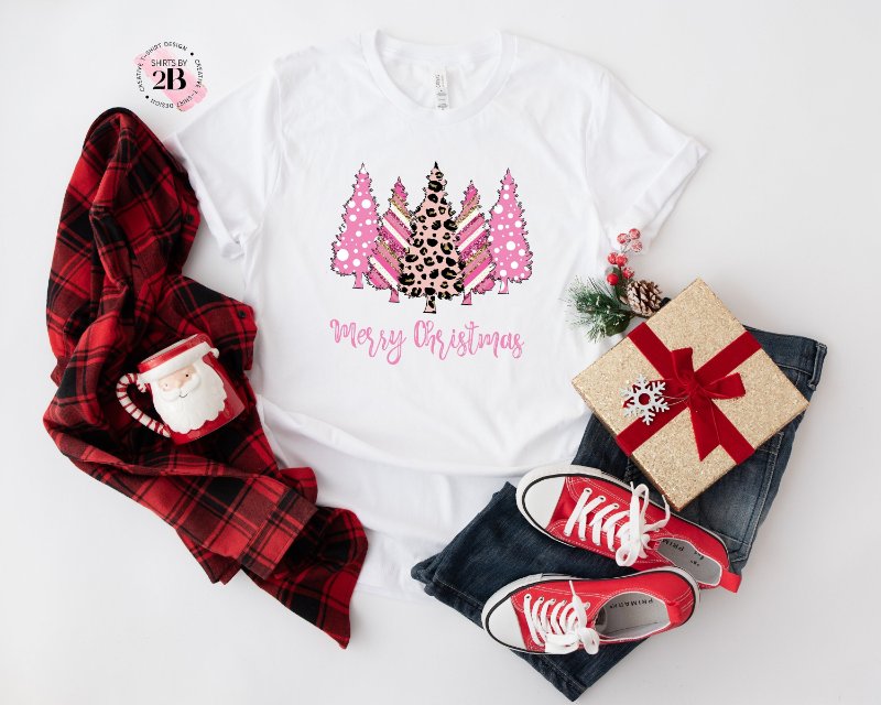 Cute Christmas Shirt, Merry Christmas Pink Xmas Trees Leopard