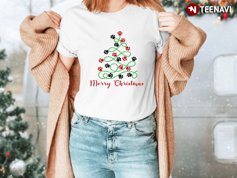Christmas Dog Lover Shirt, Merry Christmas Dog Paws Tree