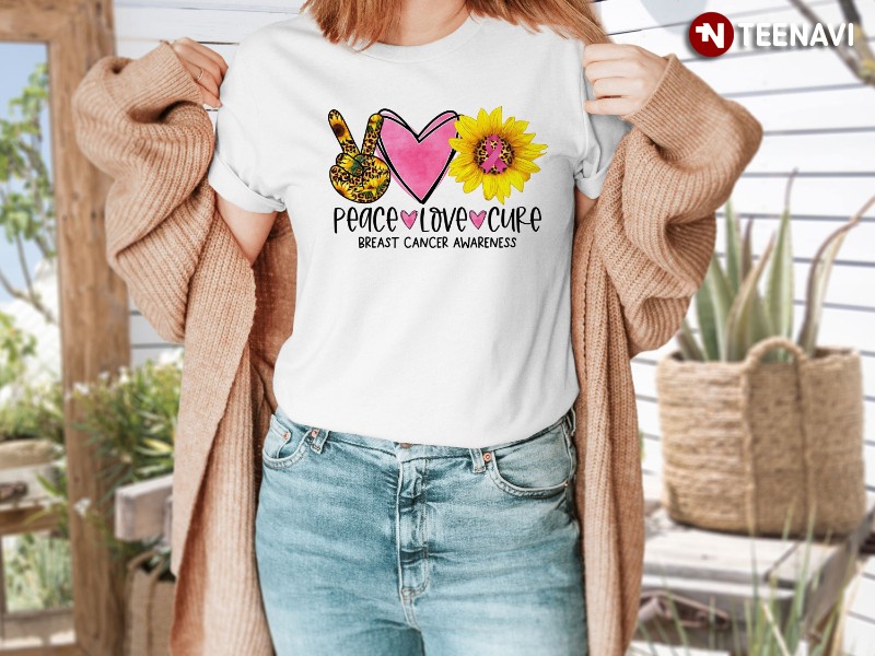 Breast Cancer Sunflower Shirt, Peace Love Cure Breast Cancer Awareness Leopard