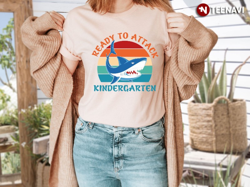 Teacher Kindergarten Shirt, Vintage Shark Ready To Attack Kindergarten