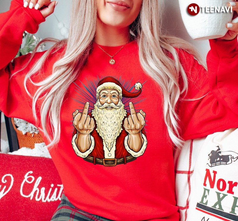 Funny Christmas Sweatshirt, Santa Claus Middle Finger