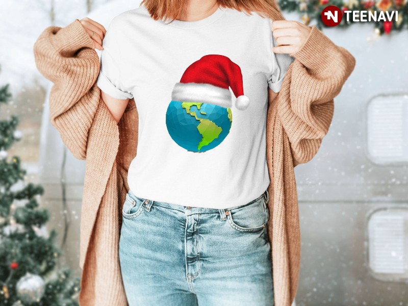 Santa Earth Shirt, Earth With Santa Hat