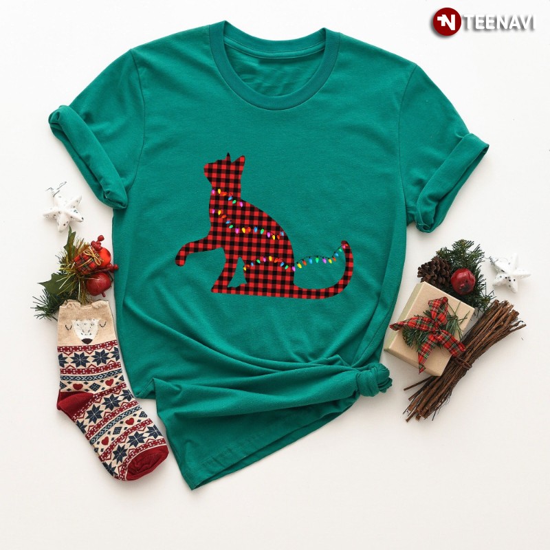 Funny Xmas Cat Shirt, Plaid Cat With Xmas Lights