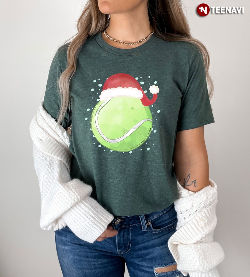 Christmas Tennis Sports Shirt, Snowy Tennis Ball With Santa Hat