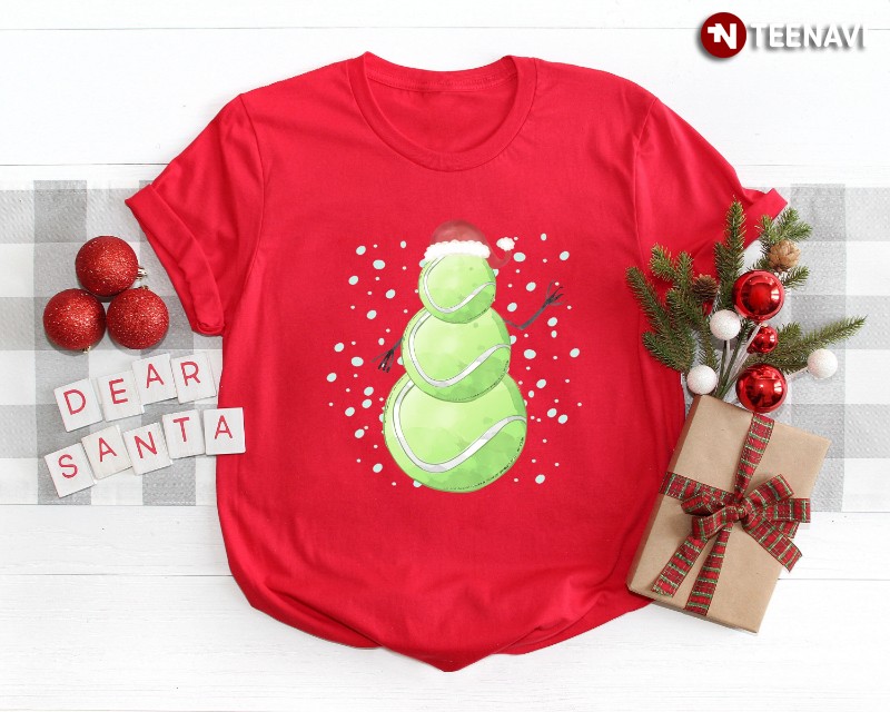 Christmas Tennis Lover Shirt, Tennis Ball Snowman With Santa Hat