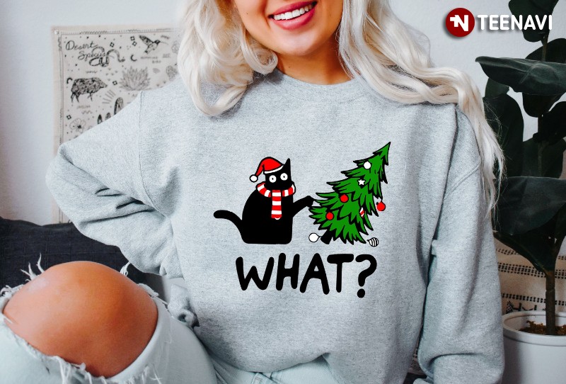 Black Cat Christmas Sweatshirt, What Santa Black Cat Xmas Tree
