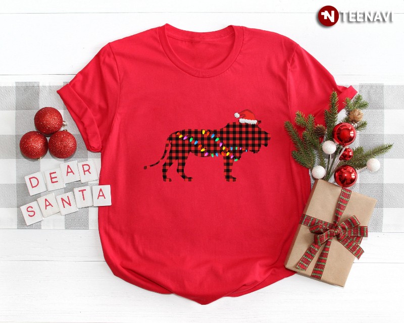 Christmas Lion Shirt, Plaid Lion With Santa Hat Xmas Lights