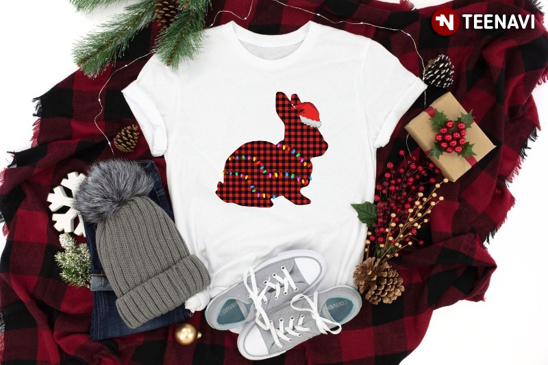 Rabbit Christmas Shirt, Plaid Rabbit With Santa Hat And Xmas Lights
