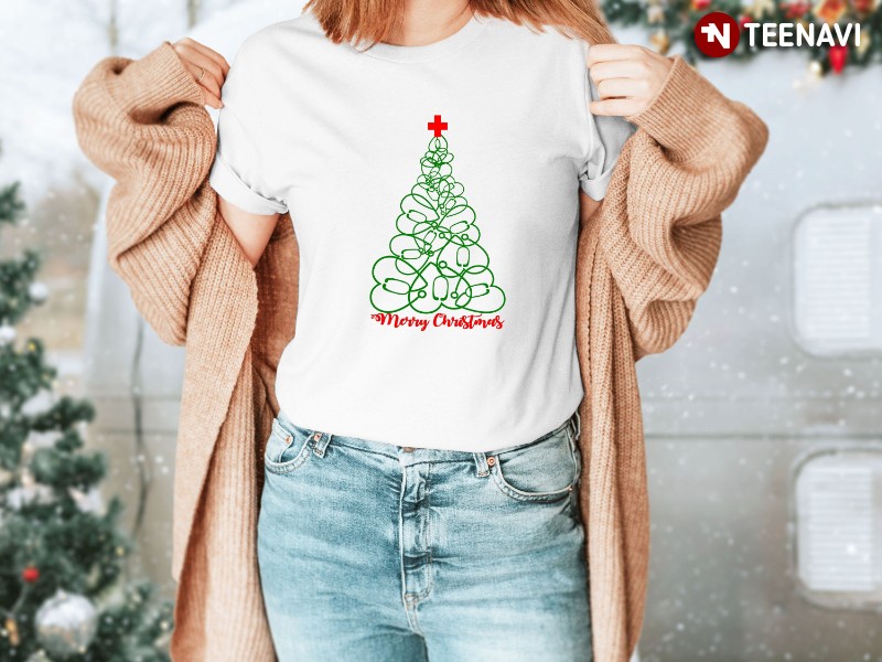 Christmas Tree Nurse Shirt, Merry Christmas Stethoscope Xmas Tree