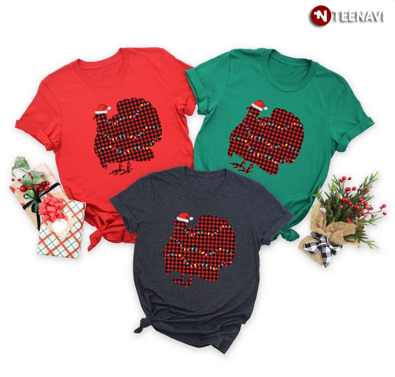 Turkey Christmas Shirt, Plaid Turkey With Santa Hat And Xmas Lights