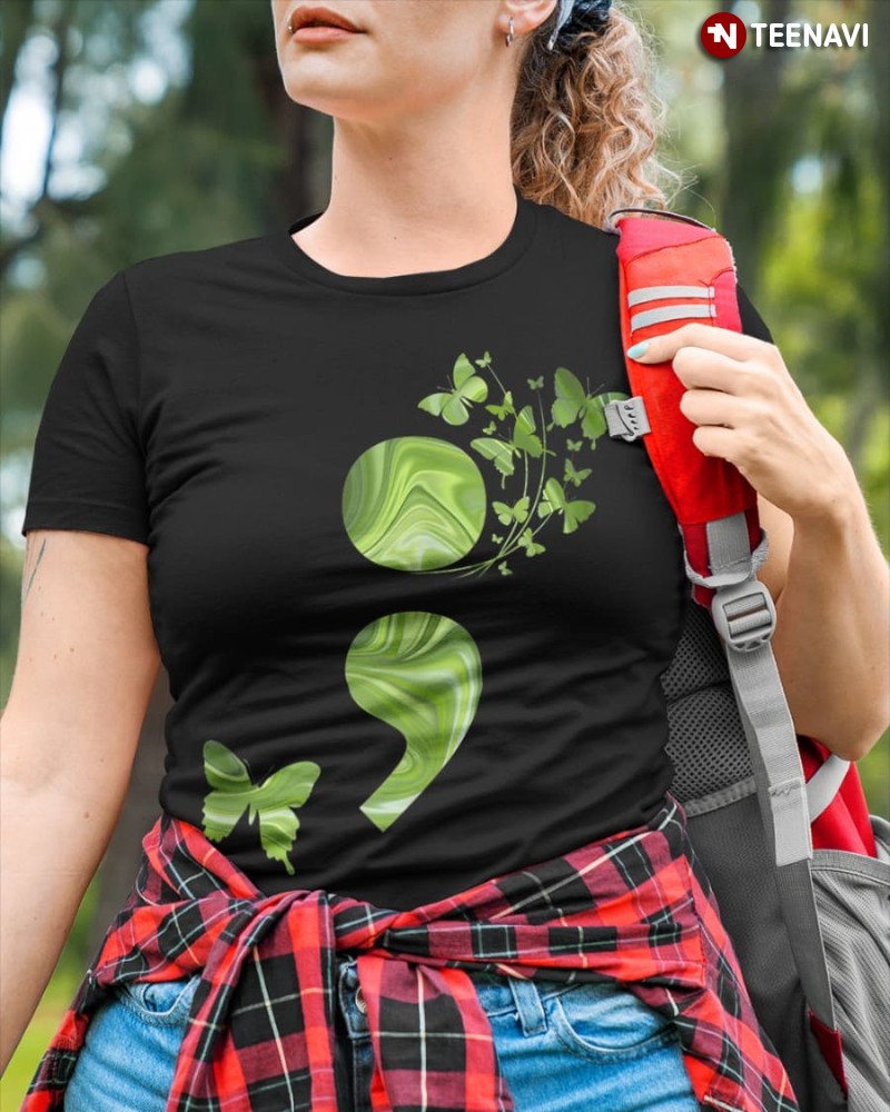 Mental Health Awareness Butterflies Shirt, Green Semicolon