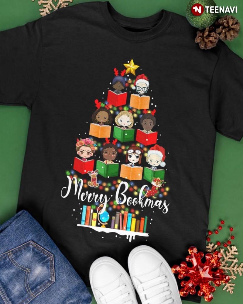 Book Lover Christmas Book Tree Shirt, Merry Bookmas