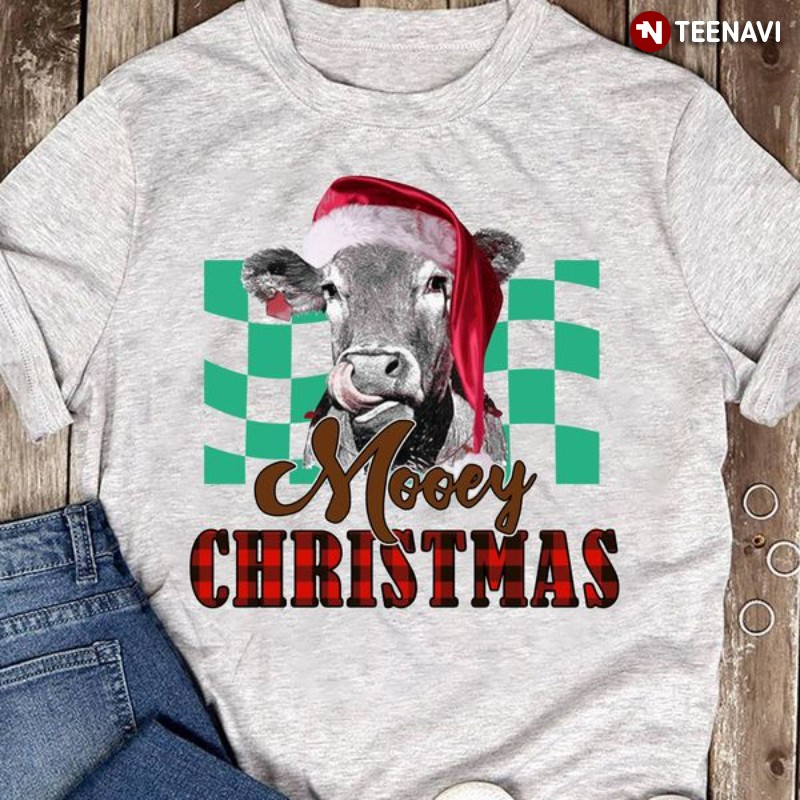 Christmas Cow Lover Shirt, Cow With Santa Hat Mooey Christmas