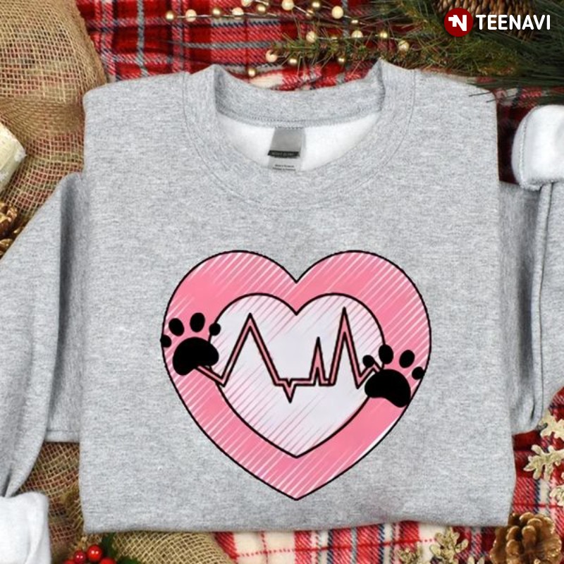 Cute Veterinarian Gift Sweatshirt, Paw Prints Heartbeat