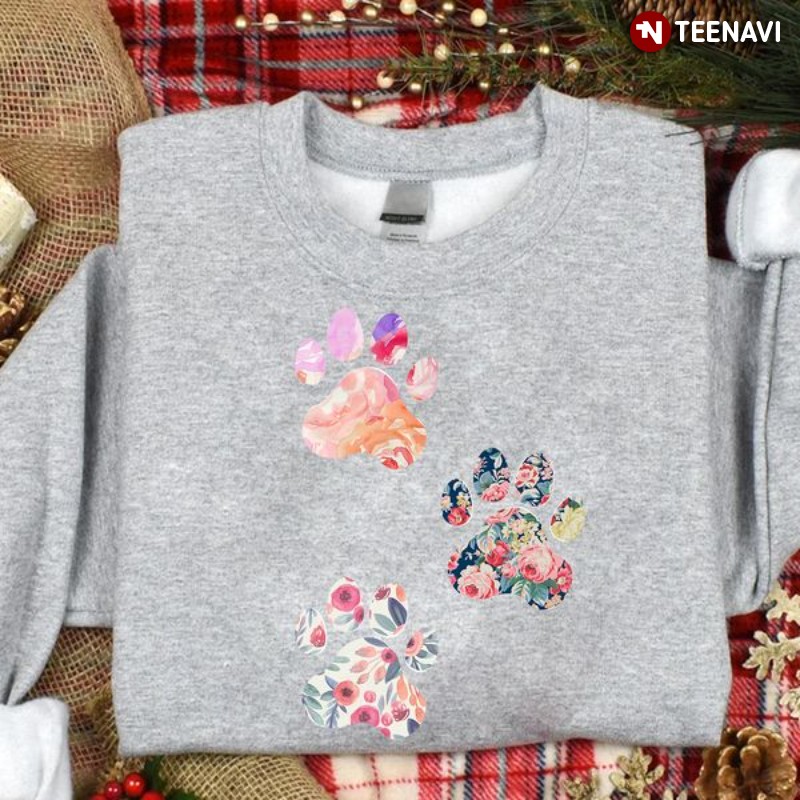 Pet Lover Flower Sweatshirt, Dog Cat Paw Prints