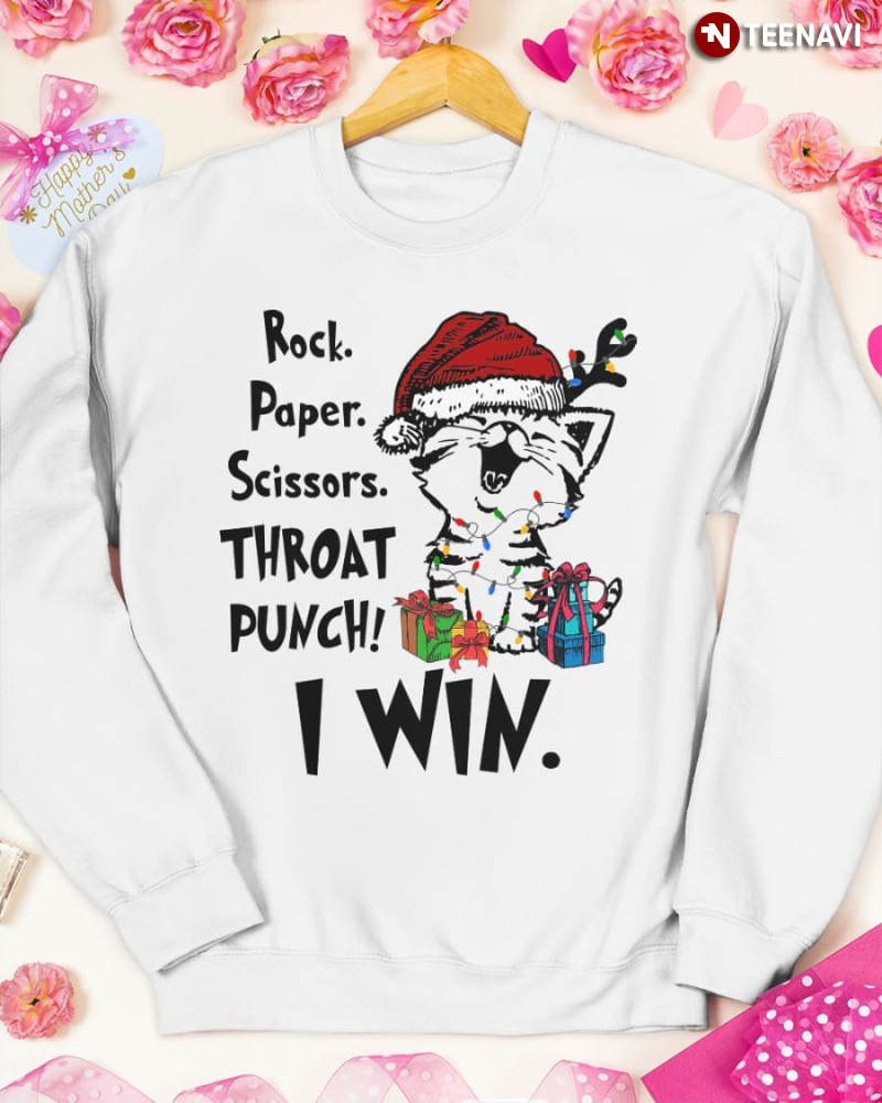 Christmas Cat Sweatshirt, Rock Paper Scissors Throat Punch! I Win