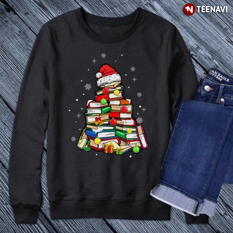 Christmas Book Lover Shirt, Santa Hat On A Pile Of Books