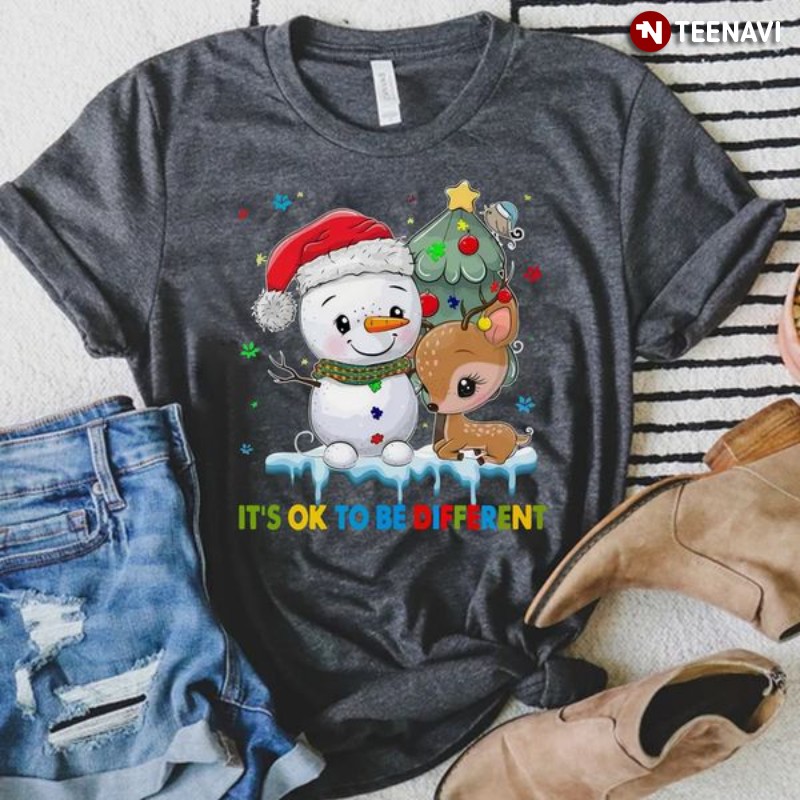 Snowman Deer Autism Awareness Christmas Shirt, It's Ok To Be Different