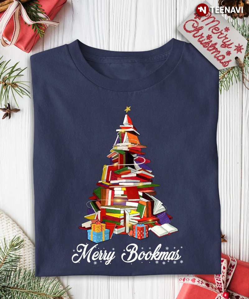 Christmas Book Tree Bookworm Shirt, Merry Bookmas
