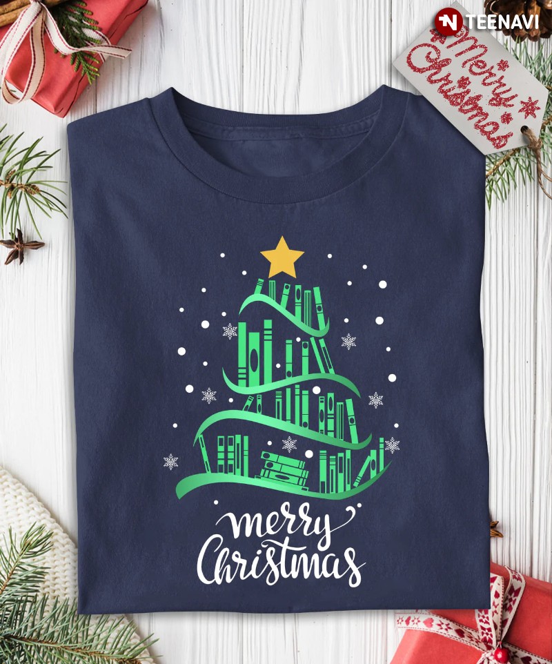 Christmas Book Tree Bookworm Shirt, Merry Christmas