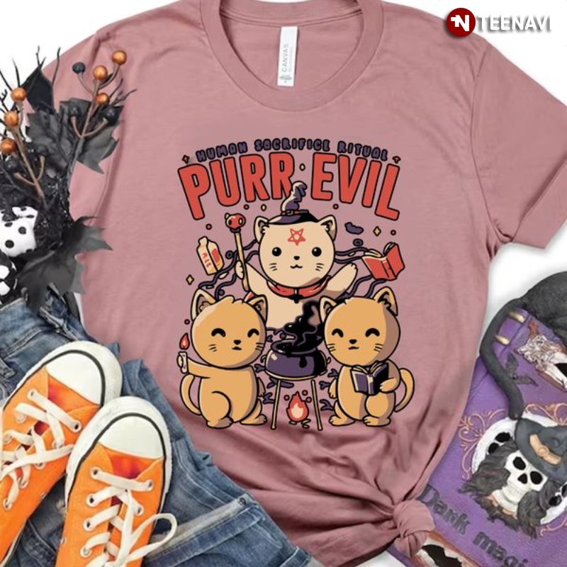 Human Sacrifice Ritual Purr Evil Halloween Witch Cat Lover T-Shirt