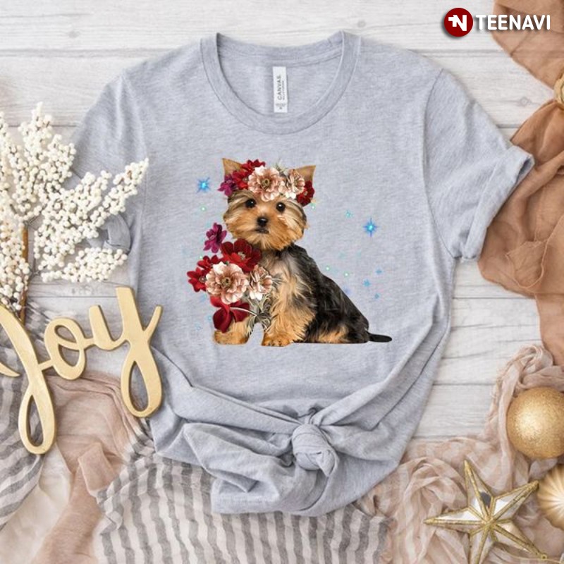 Yorkie Dog Lover Shirt, Yorkshire Terrier with Flowers