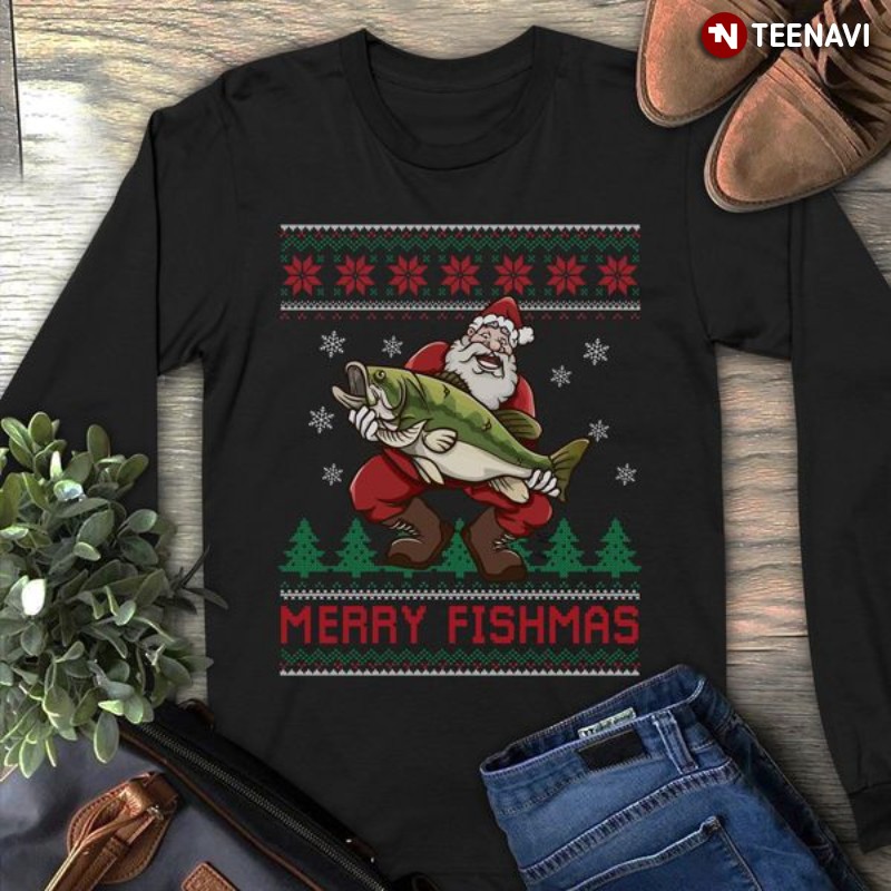 Fishing Lover Santa Claus Ugly Sweatshirt, Merry Fishmas