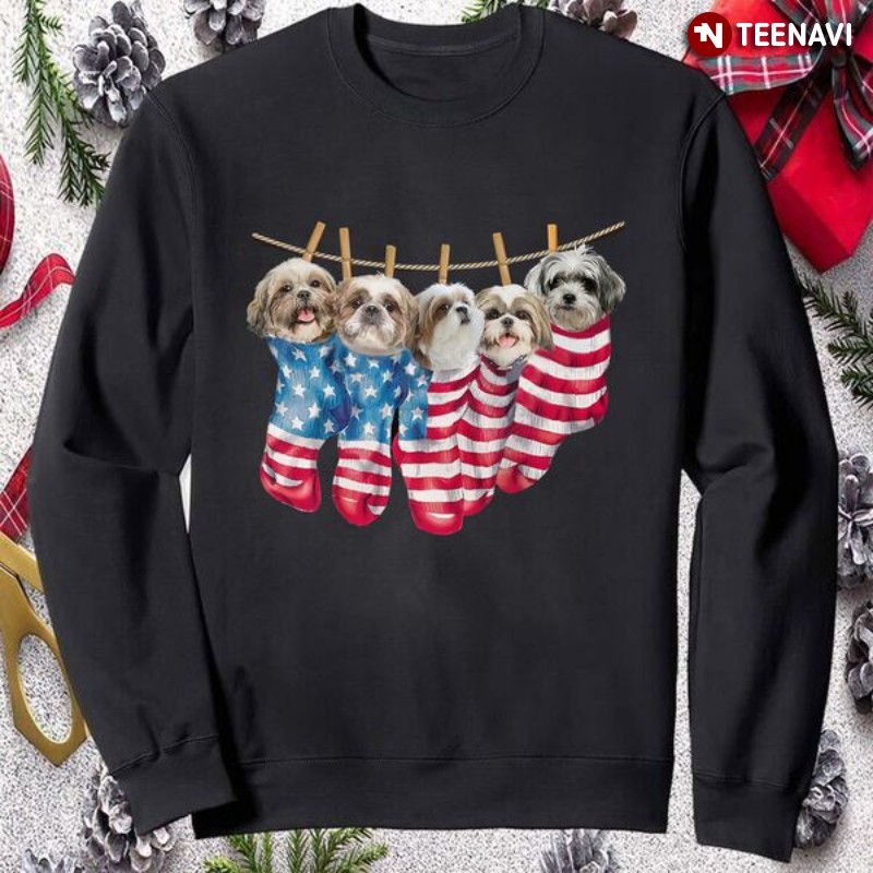 American Flag Shih Tzu Dog Sweatshirt, Shih Tzu Dogs Hanging In Stockings