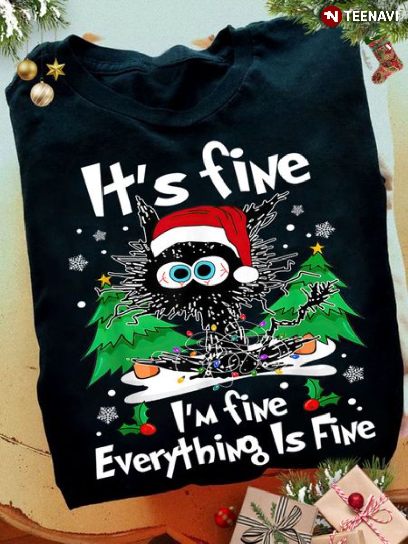 Christmas Santa Black Cat Shirt, It’s Fine I’m Fine Everything Is Fine