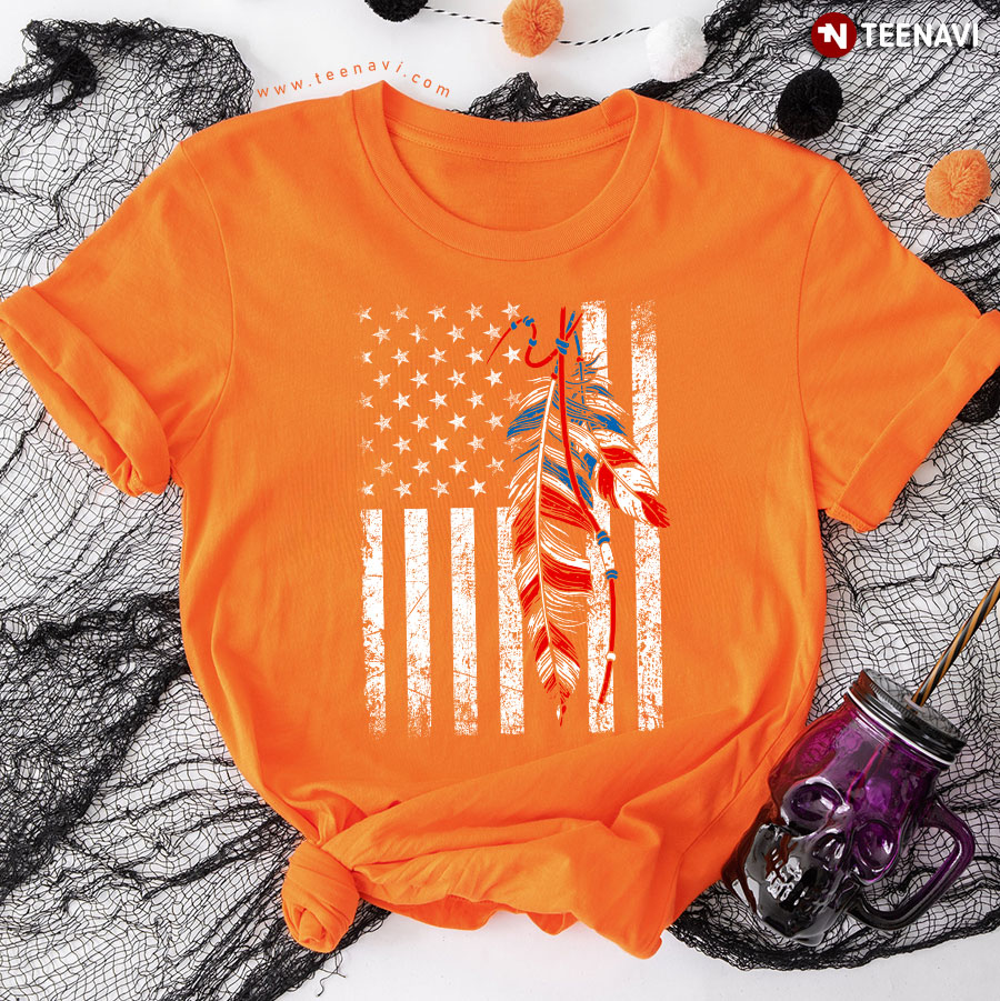 Indigenous By Blood American By Birth American Flag Native American Feather T-Shirt