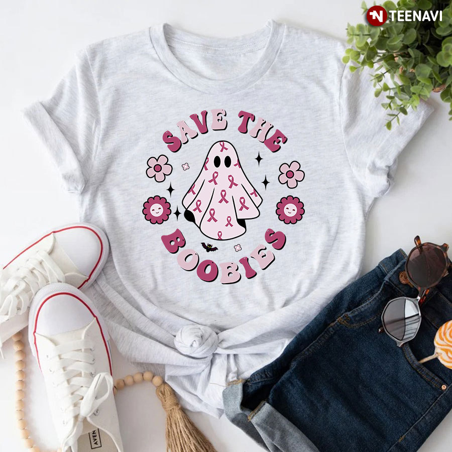 Ghost Save The Boobies Breast Cancer Awareness Halloween T-Shirt