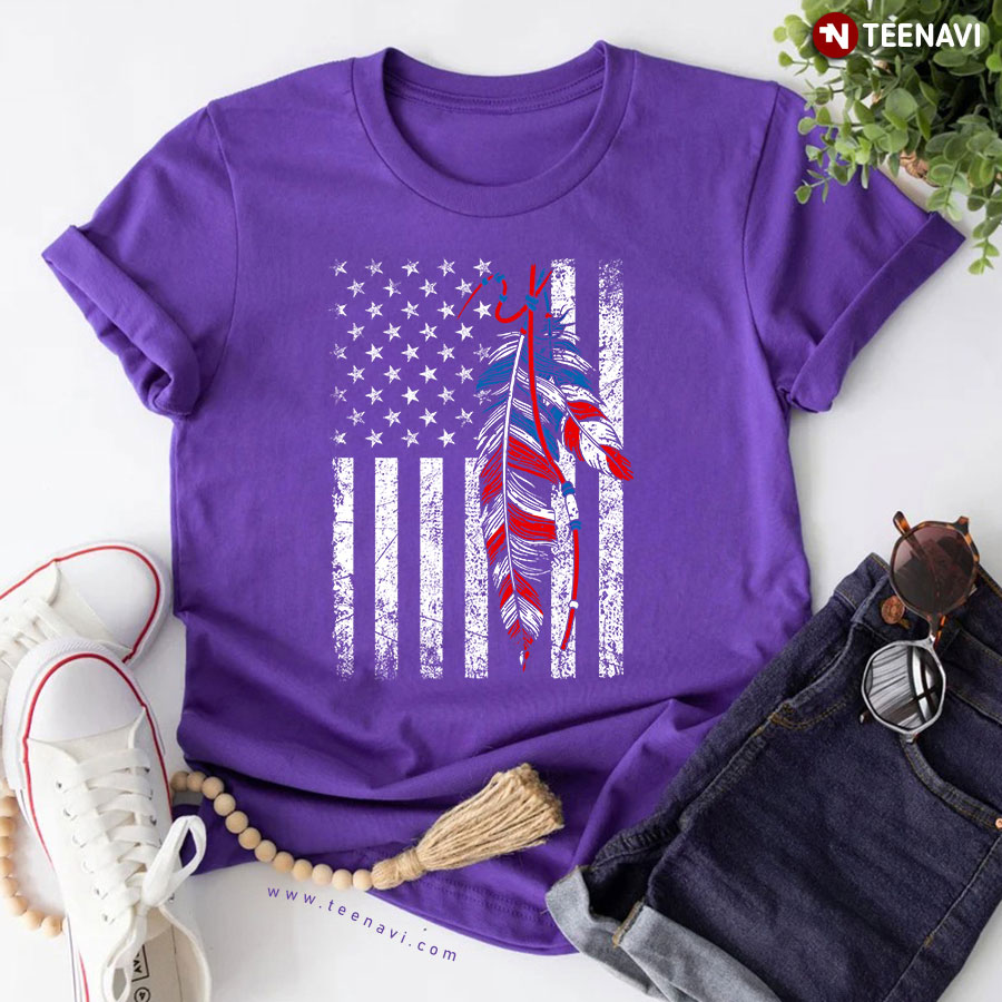 Indigenous By Blood American By Birth American Flag Native American Feather T-Shirt