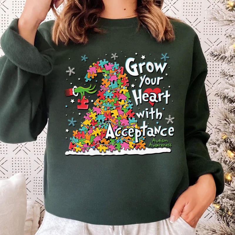 Autism Christmas Sweatshirt, Grow Your Heart With Acceptable Autism Awareness