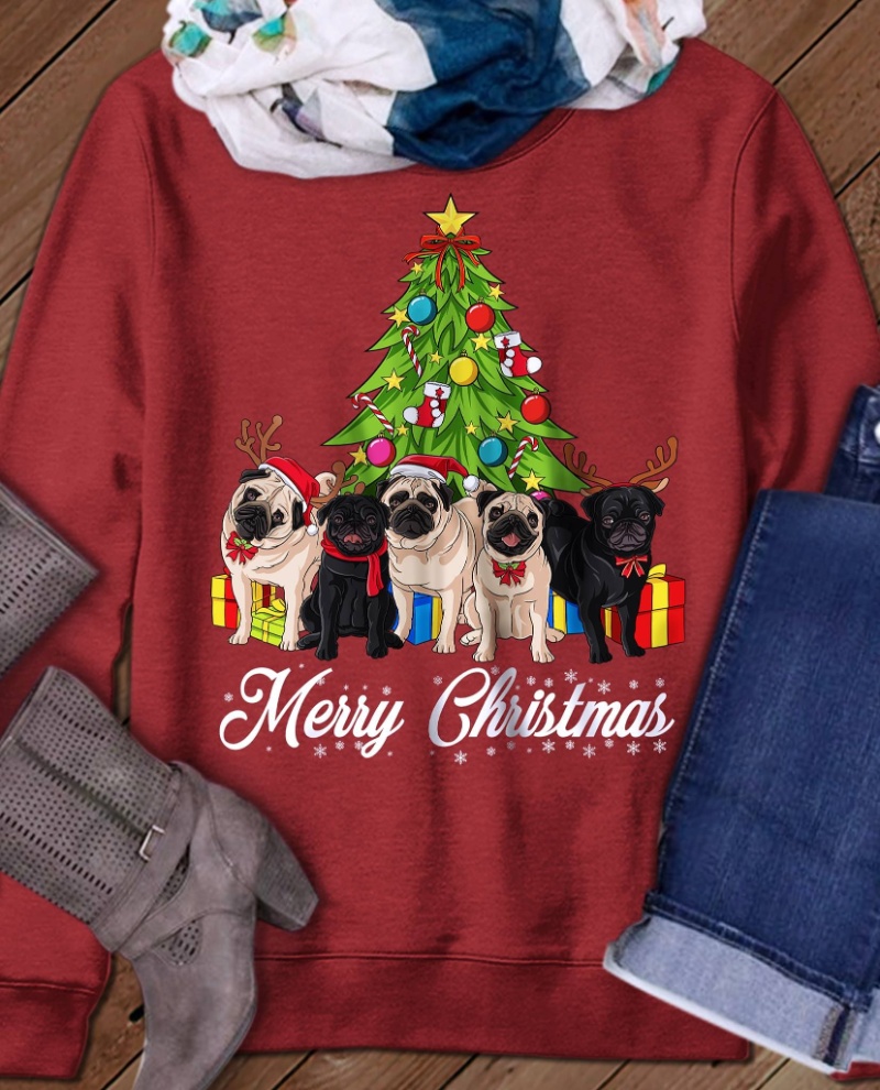 Cute Pug Christmas Sweatshirt, Merry Christmas