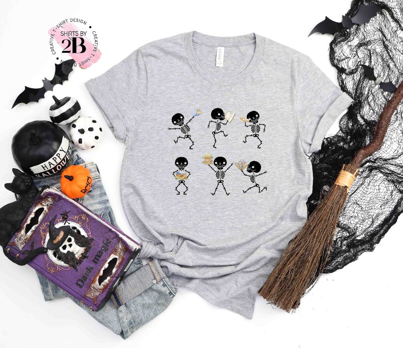 Funny Skeleton With Books Halloween Book Lover T-Shirt