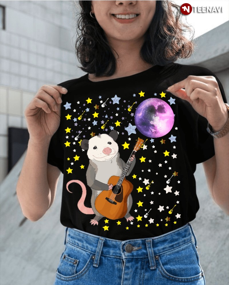 Opossum Guitar Lover Shirt, Opossum Playing Guitar On Moon