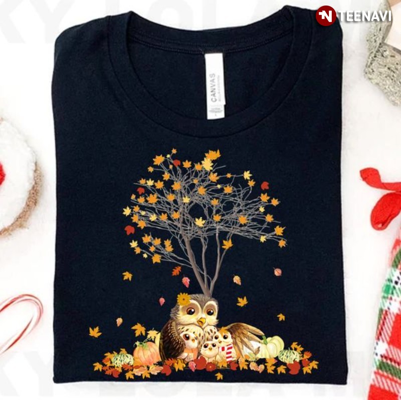 Owl Fall Season Thanksgiving Shirt, Owl Family Under The Autumn Tree