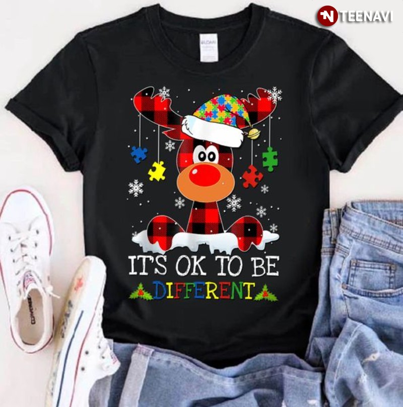 Autism Awareness Christmas Shirt, Red Plaid Reindeer It’s Ok To Be Different