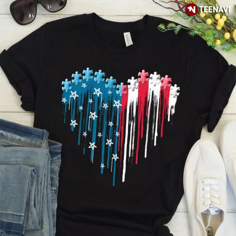 American Flag Autism Awareness Shirt, Autism Puzzle Pieces Heart