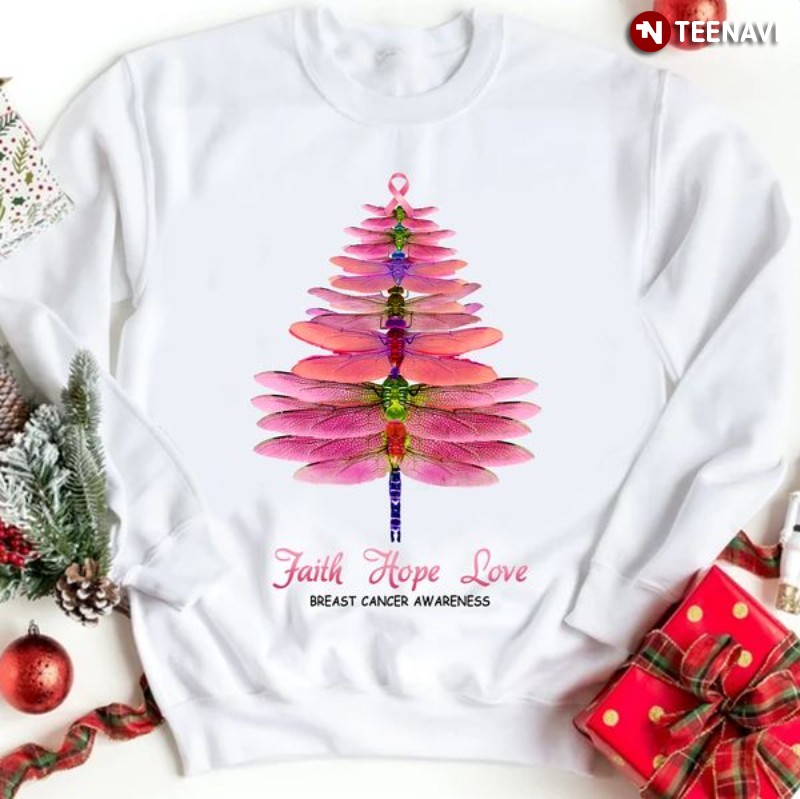 Breast Cancer Awareness Christmas Dragonfly Sweatshirt, Faith Hope Love
