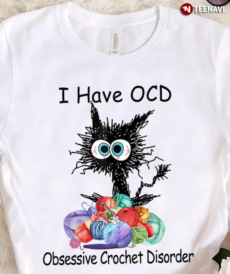 Black Cat Crochet Shirt, Vintage I Have OCD Obsessive Crochet Disorder