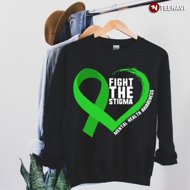 Mental Health Awareness Shirt, Green Ribbon Green Heart Fight The Stigma