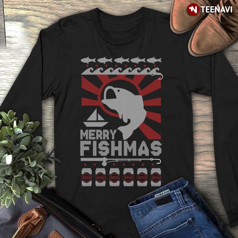 Fishing Beer Lover Christmas Sweatshirt, Merry Fishmas
