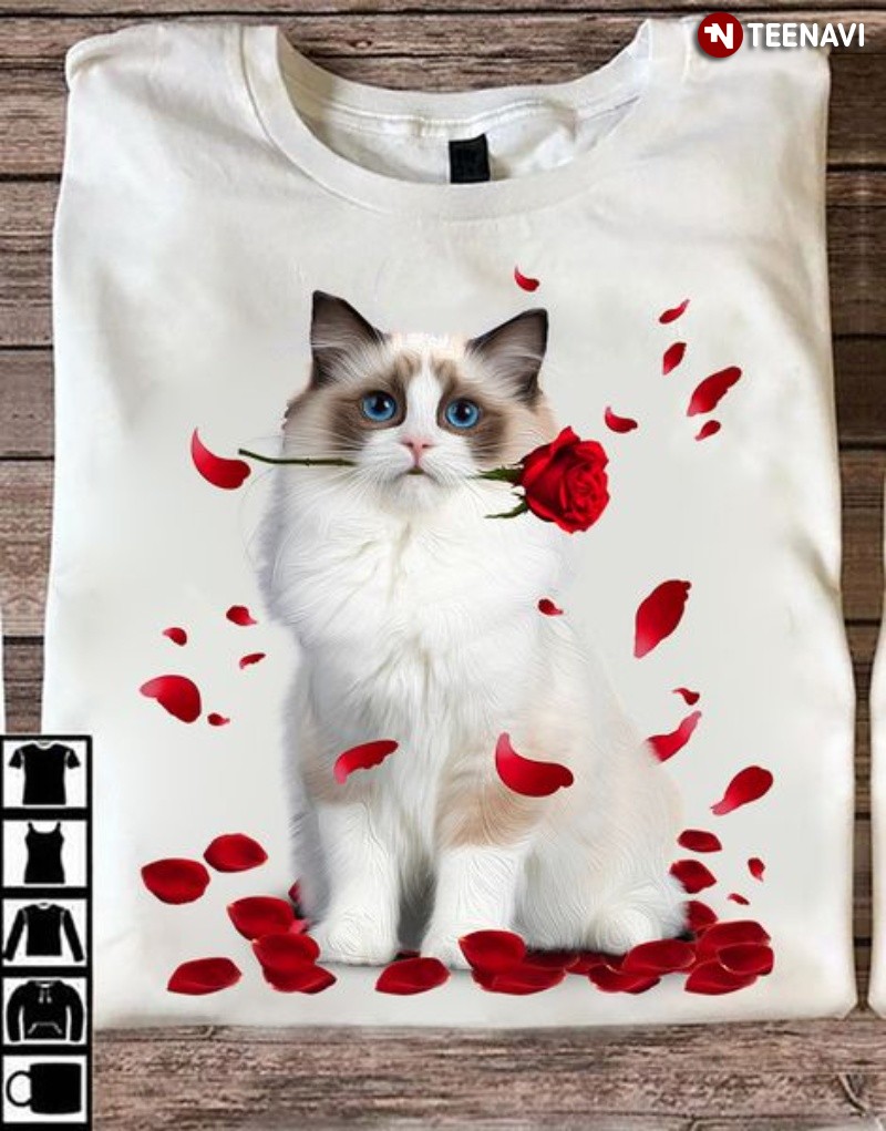 Cute Cat Shirt, Ragdoll Cat With Rose