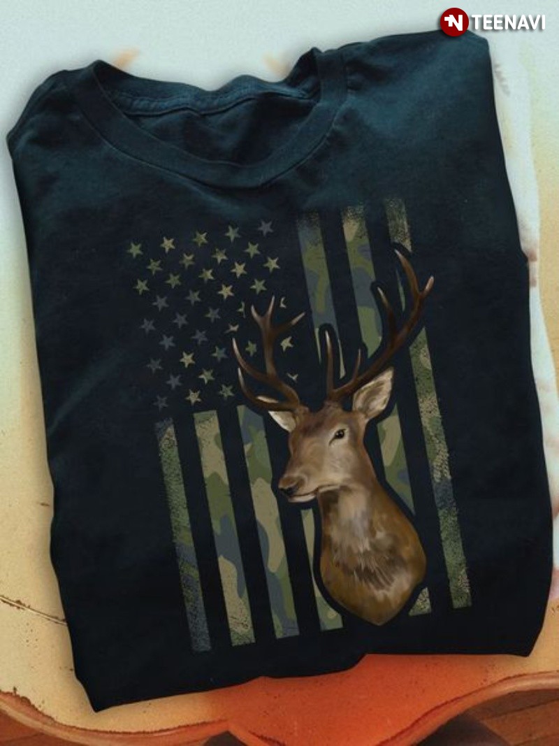 Hunting Patriotic Shirt, Deer Camo American Flag