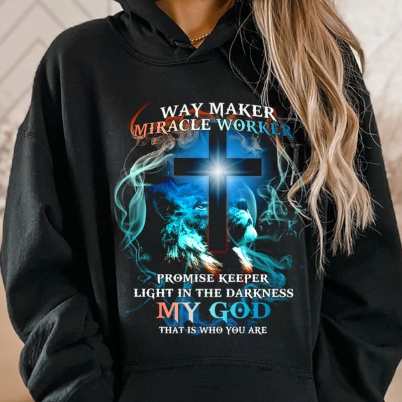 Lion Christian Hoodie, Way Maker Miracle Worker Promise Keeper Light