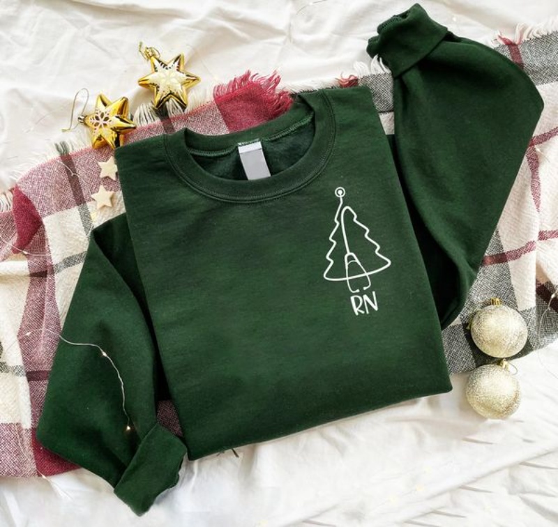 RN Christmas Sweatshirt, RN Xmas Tree With Stethoscope