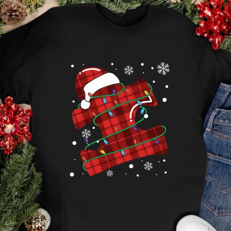 Christmas Autism Shirt, Autism Puzzle With Santa Hat And Xmas Lights