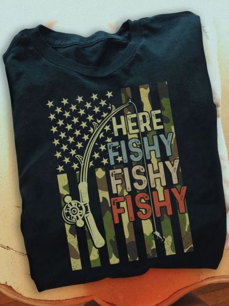 Fishing Camo Flag Shirt, Here Fishy Fishy Fishy